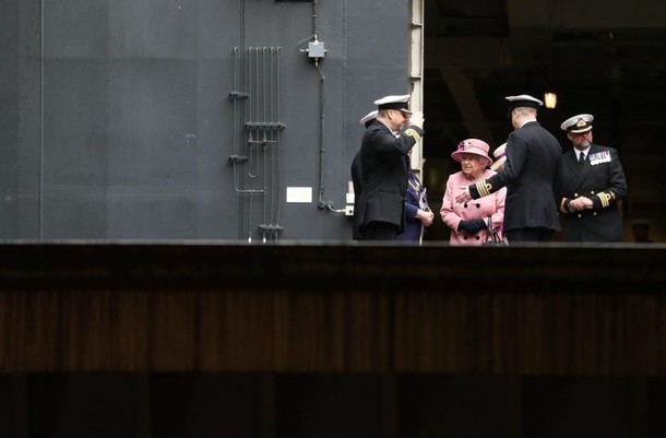 Britain's Queen Elizabeth attends the decommissioning ceremony for HMS Ocean at HMNB Devonport in Pl