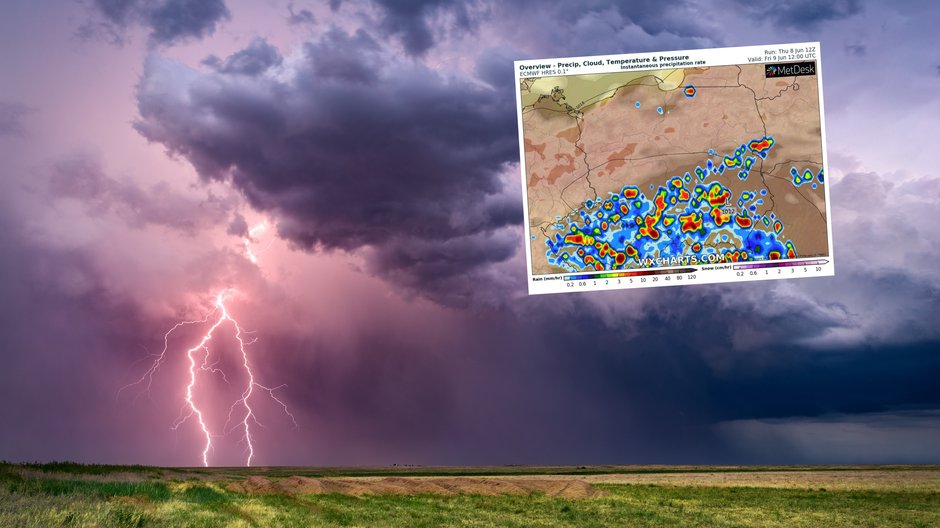 Dziś w Polsce nie zabraknie burz z ulewami i gradem (mapa: wxcharts.com)