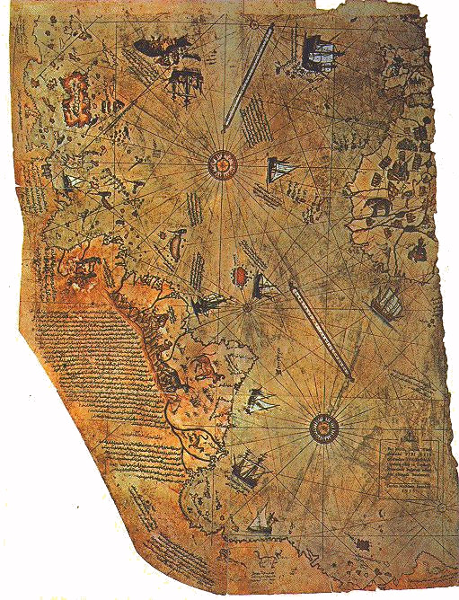 Mapa świata Piri Reisa zawiera opis wybrzeży Brazylii odkrytej w 1500 r.