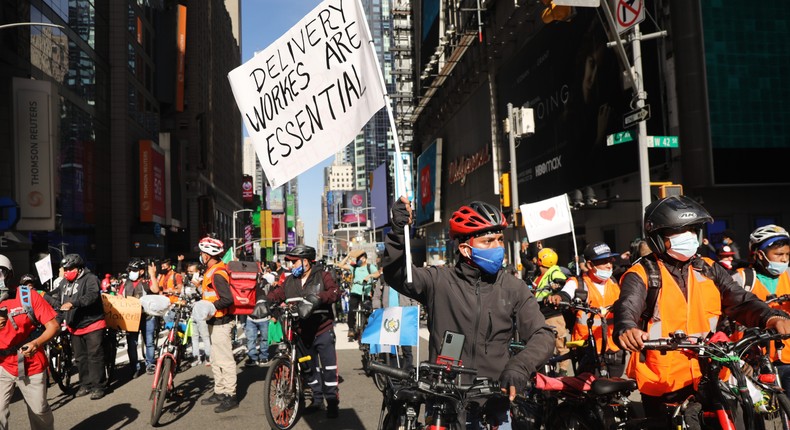 Food delivery workers protest a wave of bike thefts in New York City in October 2020. Delivery workers have increasingly been speaking out about low pay and poor working conditions.
