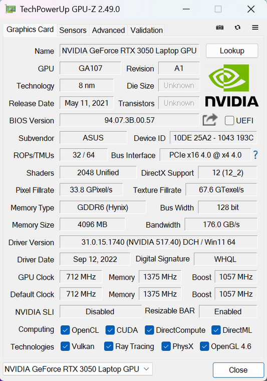 Asus Vivobook Pro 15 OLED – GPU-Z – specyfikacja RTX 3050 Laptop GPU [50W]