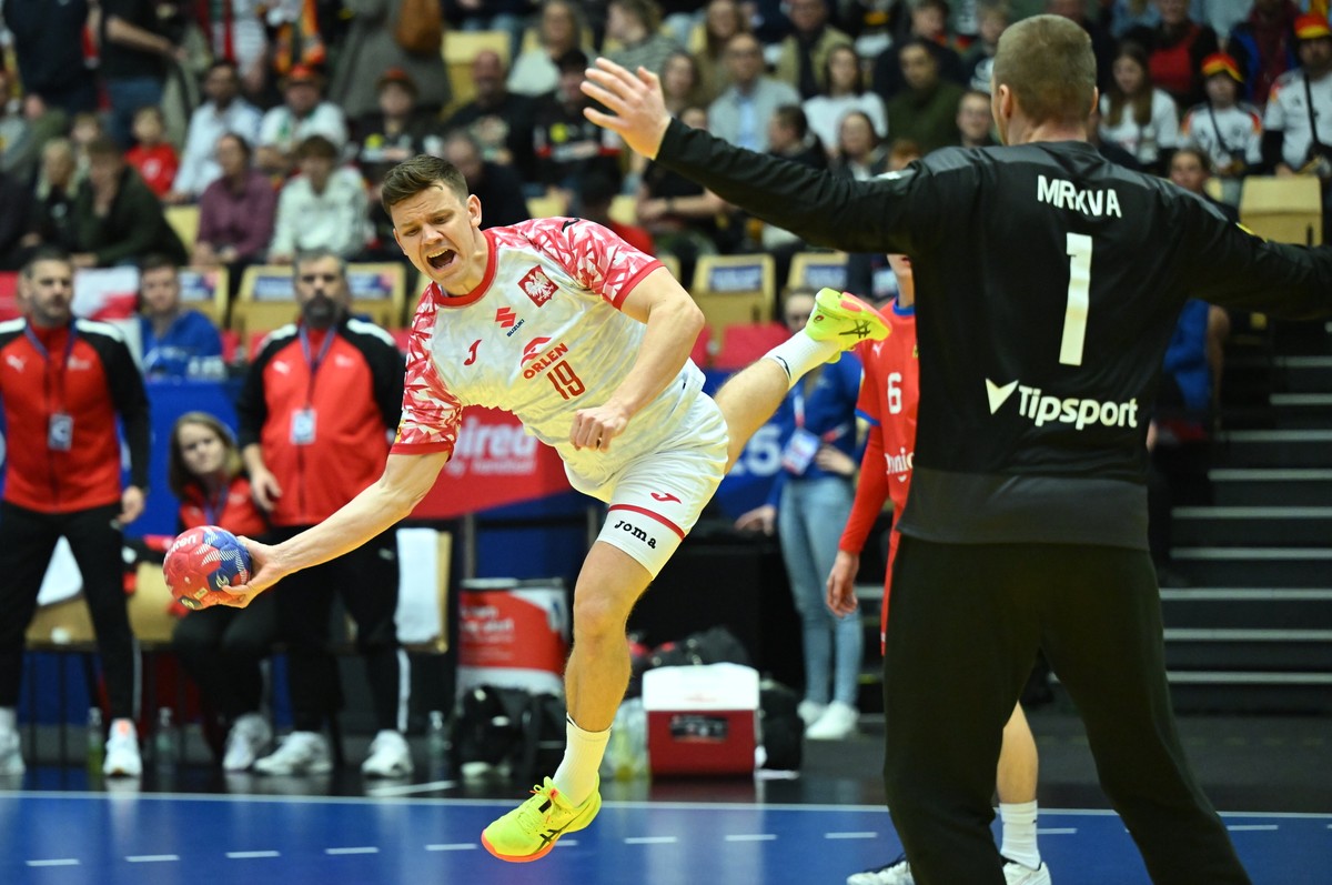 Jan Czuwara (L) i Tomas Mrkva (P) z Czech podczas meczu grupy A mistrzostw świata piłkarzy ręcznych w duńskim Herning