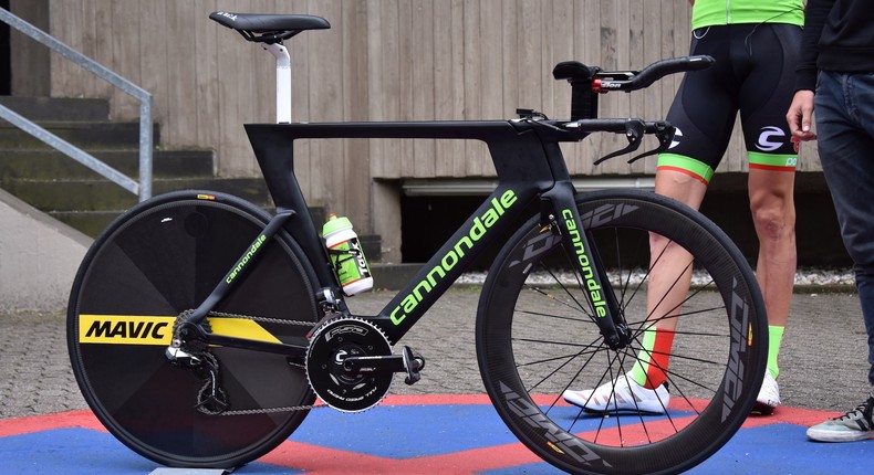 American Taylor Phinney (Cannondale-Drapac) and his $11,000 Cannondale Slice RS at the Tour de France, in Dusseldorf, Germany, June 29, 2017.