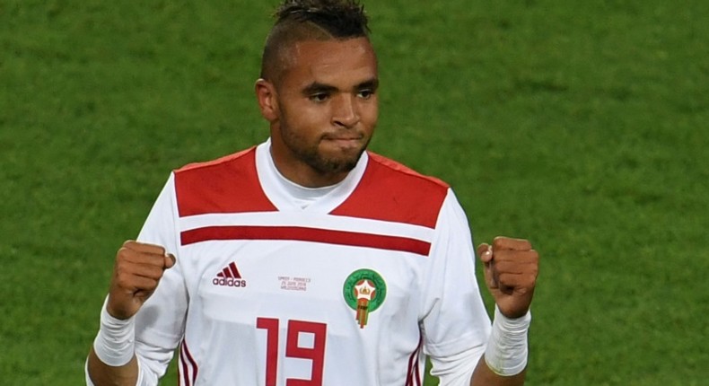 A file picture of Youssef en-Nesyri celebrating his goal for Morocco in a 2018 World Cup draw against Spain. At the weekend, he became the first Leganes footballer to score a La Liga hat-trick