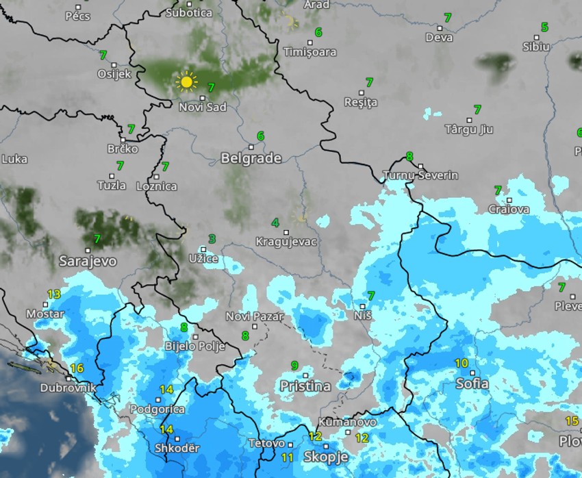 Kretanje padavina u Srbiji danas u 12 časova