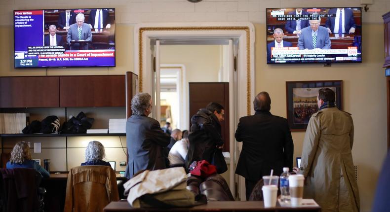 Members of the media in the press gallery watch a television monitors of Senate Majority Leader Mitch McConnell of Ky., speaking to members of the Senate for the impeachment trial against President Donald Trump at the U.S. Capitol in Washington, Thursday, Jan. 16, 2020. (AP Photo/Pablo Martinez Monsivais)