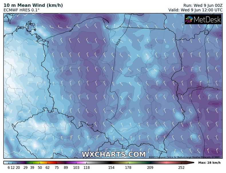Prognoza kierunku wiatru na dzisiejsze popołudnie. Widoczny wiatr północny i północno-zachodni