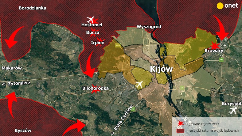 Mapa pokazująca natarcie wojsk rosyjskich na Kijów