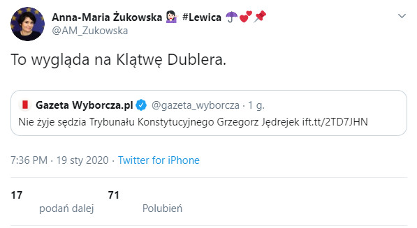 Wpis Anny Marii Żukowskiej na Twitterze