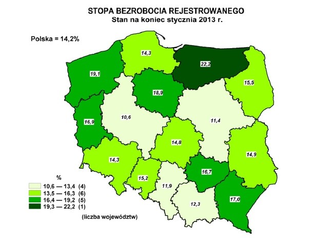 Stopa bezrobocia rejestrowanego wg województw na koniec stycznia 2013 r. (dane GUS)