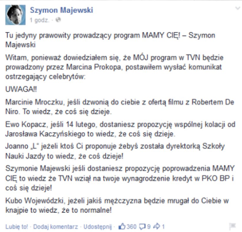 Szymon Majewski oświadczenie o programie "Mamy Cię!"