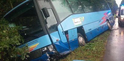 Groza na drodze. Autobus zderzył się czołowo i utknął w rowie