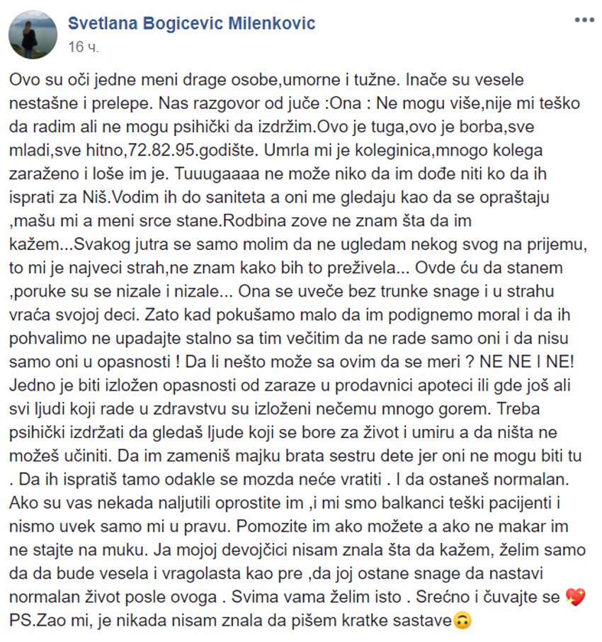 Svetlanina objava u grupi podrška medicinskim radicima