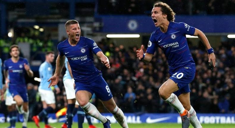 Chelsea's David Luiz (right) celebrates scoring in a 2-0 win over Manchester City on Saturday