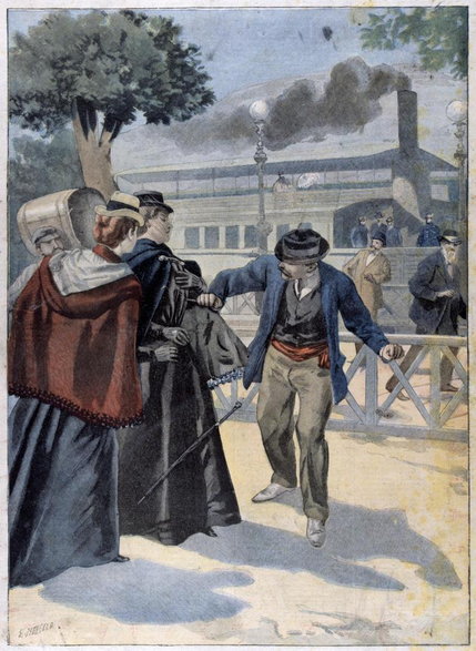 Ilustracja francuskiego dziennika Le Petit Journal przedstawiająca zabójstwo Elżbiety Bawarskiej (1898)