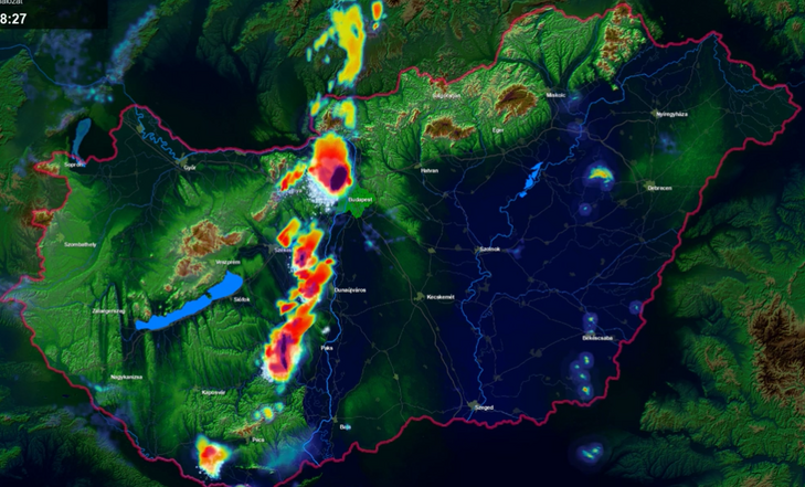 Az Időkép radarján jól látható, hogy leginkább Közép-Magyarországot és Budapest környékét éri a legerősebben a vihar. /Fotó: Időkép