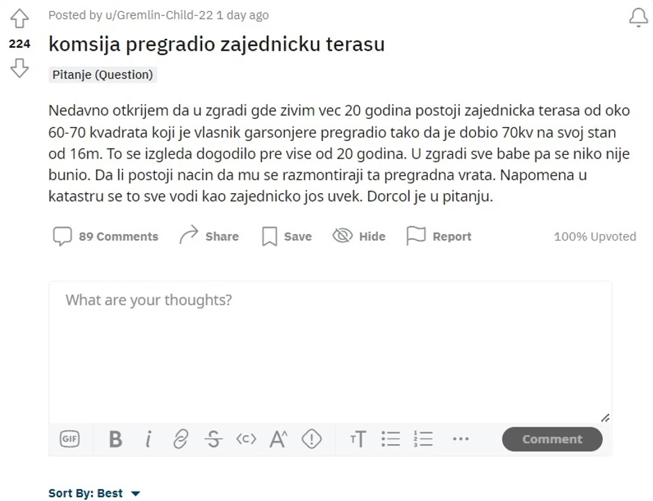 komsija pregradio terasu problem