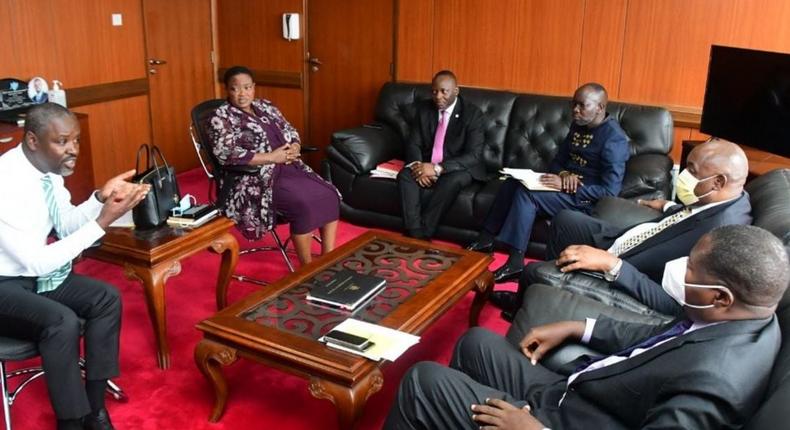 Deputy Speaker Thomas Tayebwa, Pemier Robinah Nabbanja, LOP Mathias Mpuuga, Information Minister Chris Baryomunsi, Government Chief Whip Hamson Obua and Minister for Defence Jacob Oboth-Oboth.