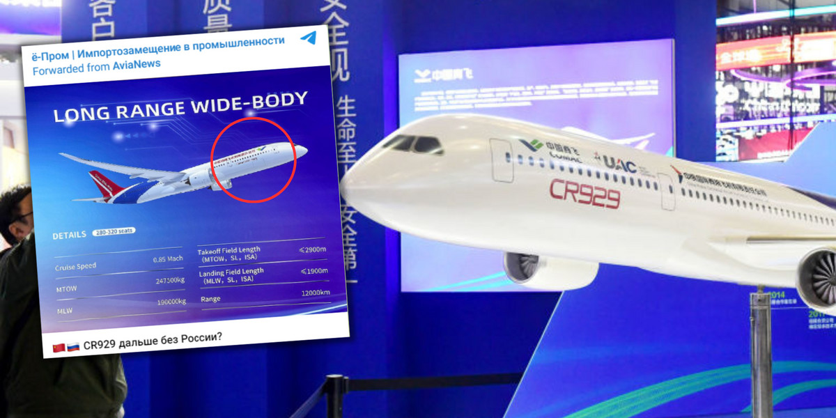 Na wystawie w Szanghaju prezentowany samolot ma napis "CR929". Na Paris Air Show w czerwcu 2023 - "Comac Wide Body" (fot. Telegram/E-Prom)