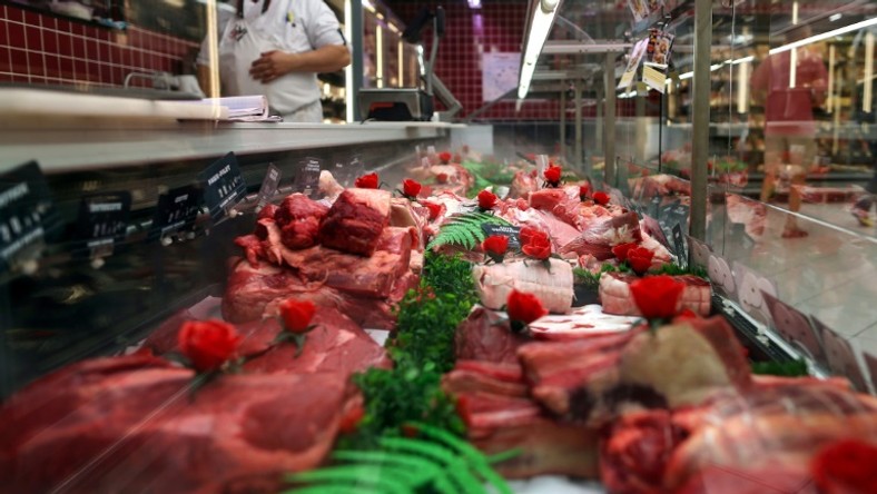 Slabs of beef for sale at the meat department of a supermarket in Coutances, northwestern France