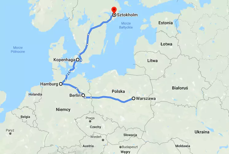 Warszawa -&gt; Berlin -&gt; Hamburg -&gt; Kopenhaga -&gt; Sztokholm (ok. 1850 km)