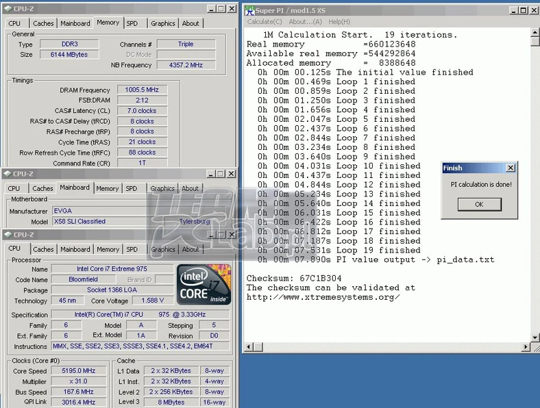 EVGA X58 SLI Classified i próbka 1M policzona przez Super PI przy zegarze procesora 5195 MHz