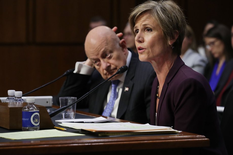 Former acting U.S. Attorney General Sally Yates (R) and Former Director of National Intelligence James Clapper testify before the Senate Judicary Committee's Subcommittee on Crime and Terrorism in the Hart Senate Office Building on Capitol Hill May 8, 2017 in Washington, DC.