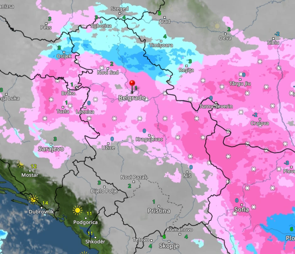 Kretanje padavina u Srbiji u 13 časova sutra