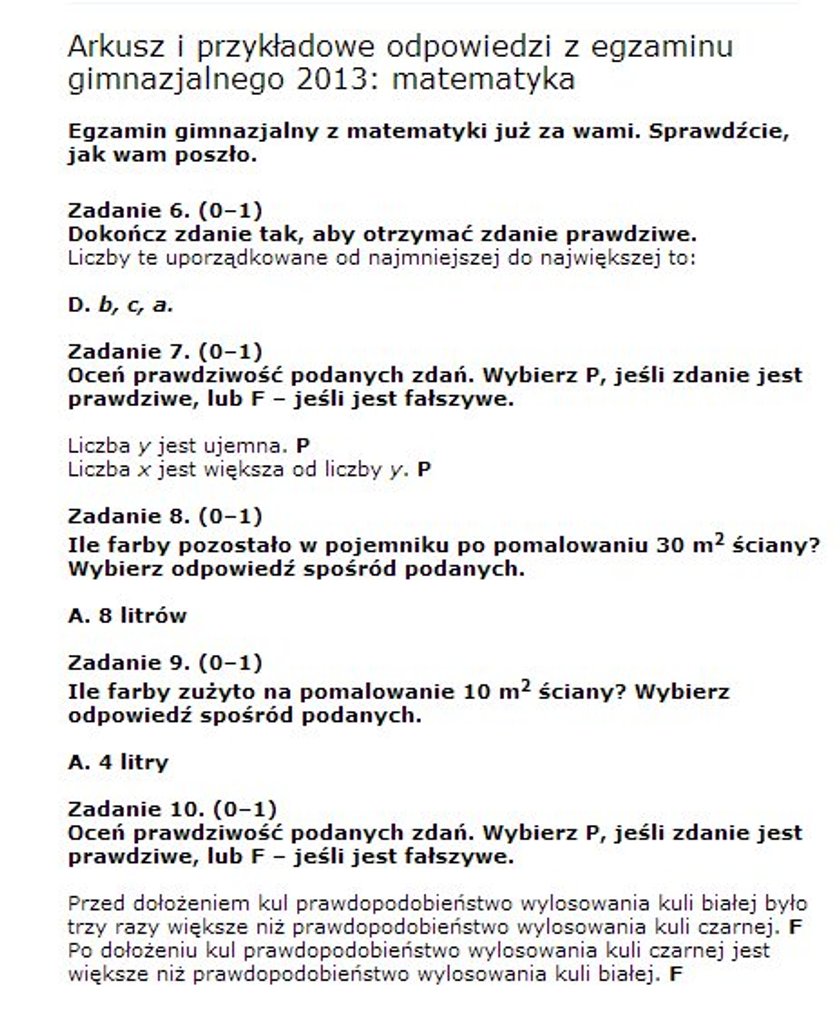 Egzamin gimnazjalny 2013. Rozwiązania z matematyki. Odpowiedzi z testu z  matematyki