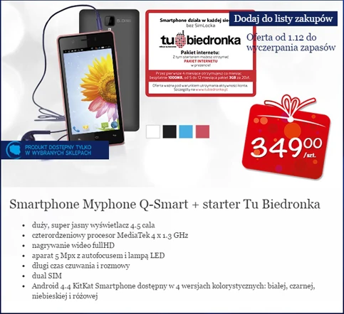 Tak prezentuje się z wszelkimi detalami promocyjna oferta firm myPhone i Biedronka - zrzut wykonany ze strony internetowej sieci Biedronka