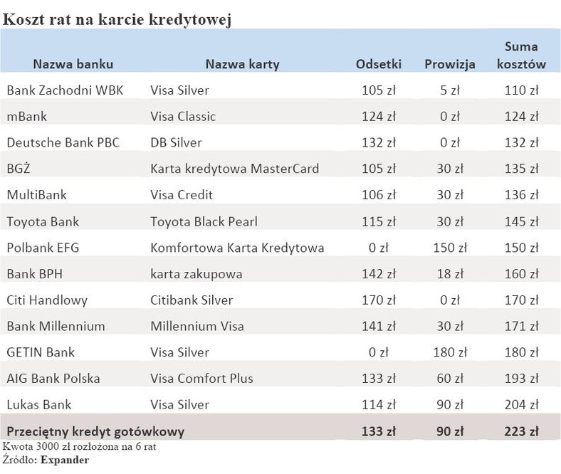 Koszty rat na karcie kredytowej