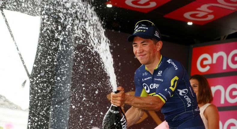 Australia's Caleb Ewan of the Orica team celebrates after winning the 7th stage of the 100th Giro d'Italia on May 12, 2017