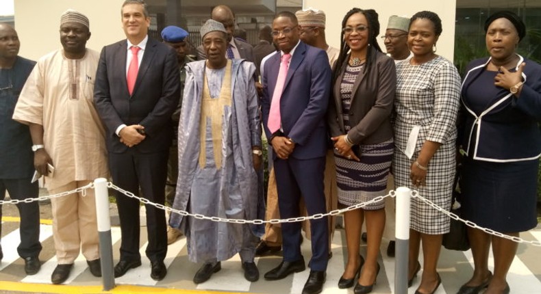 Minister of Agriculture and Rural Development, Mr Sabo Nanono (fourth from left), during a familiarisation tour of Nestlé Nig. Plc. headquarters at Ilupeju, Lagos, on Monday, Jan. 27, 2020. [NAN]