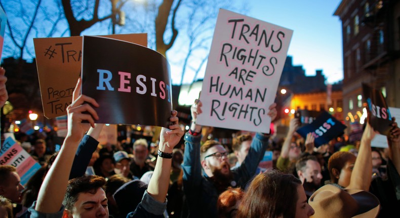 People take part in rally outside New York's Stonewall Inn in 2017.
