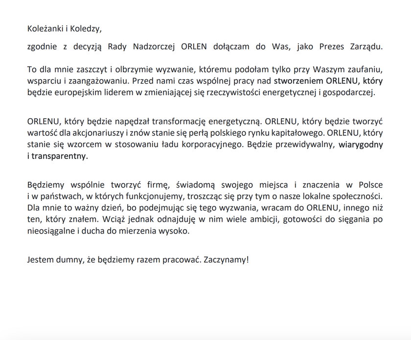 List prezesa PKN Orlen do pracowników.