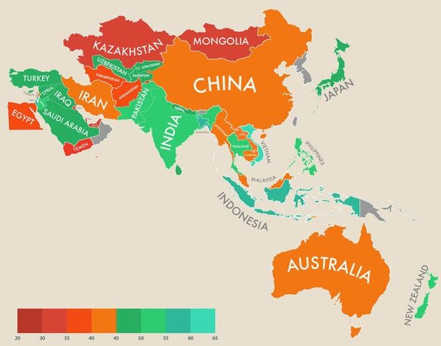 Azja i Pacyfik to najbardziej zróżnicowany obszar jeśli chodzi o poziom osiąganego szczęścia. Zaskoczeniem może być tu wysoki wynik Iraku czy Pakistanu. Co ciekawe, Wietnam w całościowym zestawieniu zajął drugie miejsce.
<br><br>
graf. MoveHub