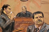 Andrea Velez, a former associate of Joaquin El Chapo Guzman, reads an impact statement in this court sketch during a sentencing hearing for Guzman in New York City