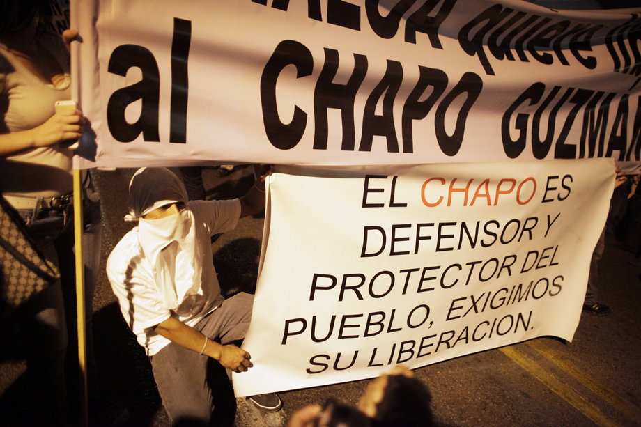 A march to protest the arrest of "El Chapo" Guzmán in Culiacan on February 26, 2014. The sign reads, "Chapo is a defender and protector of the people, we demand his freedom."