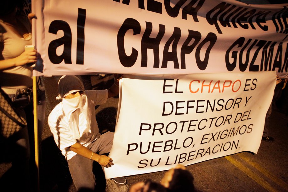 A march to protest the arrest of "El Chapo" Guzmán in Culiacan on February 26, 2014. The sign reads, "Chapo is a defender and protector of the people, we demand his freedom."