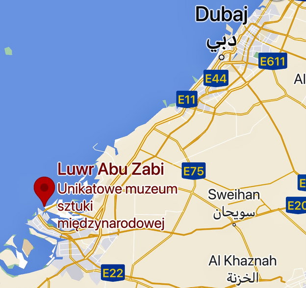 Muzeum sztuki i cywilizacji Luwr Abu Zabi jest oddalone o 130 km od Dubaju 