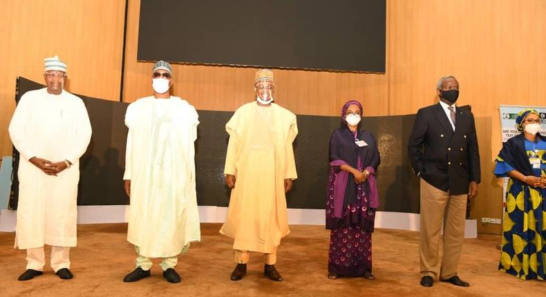 L-R: Prof. Umar Danbatta, Executive Vice Chairman, NCC; Dr. Isa Ali Ibrahim Pantami, Hon. Minister of Communications and Digital Economy; Babagana Zulum, Governor of Borno State and Chairman of the occasion; Zainab Shamsuna, Hon. Minister of Finance, Budget and National Planning; Babatunde Fashola, Minister of Works and Housing and Abimbola Alale, Managing Director, NIGCOMSAT during the event.