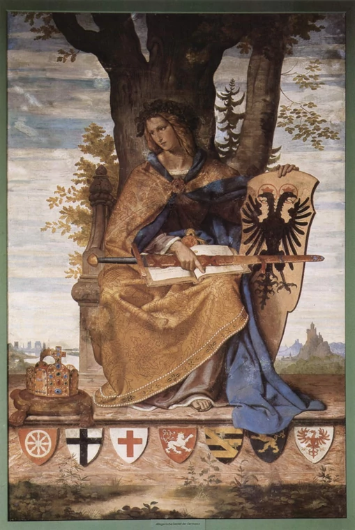 Na obrazie Philippa Veita "Alegoria Rzeszy Niemieckiej" widać Koronę Rzeszy
