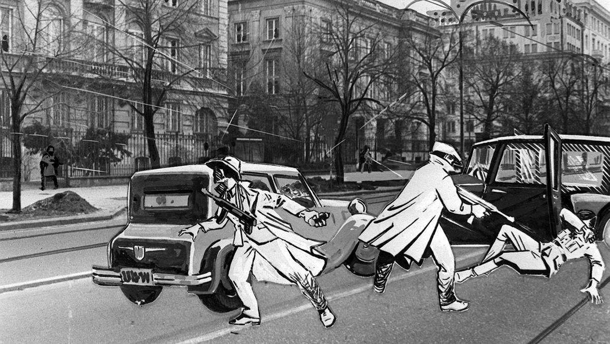 Zamach na Franza Kutscherę – rysunek przedstawiający akcję nałożony na fotografię Alej Ujazdowskich.