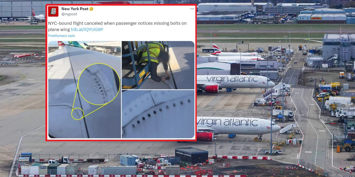 Skrzydło samolotu Virgin Atlantic na lotnisku w Wielkiej Brytanii. W tle zdjęcie ilustracyjne. 
