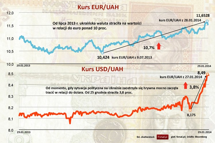 Kurs ukraińskiej waluty najbardziej ucierpiał w związku z napiętą sytuacją polityczną w relacji do dolara amerykańskiego. W mniej gwałtownym tempie kurs słabnie jednak już co najmniej od roku. Podobnie w przypadku relacji do euro - hrywna tylko od lipca zeszłego roku straciła ponad 10 proc.