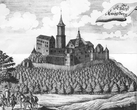 Królewiecki zamek w 1717 r. Fot. Kupferstecher, Public domain, via Wikimedia Commons