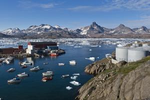 Harbour with oil tanks, Tasiilaq or Ammassalik, East Greenland, Greenland, North America