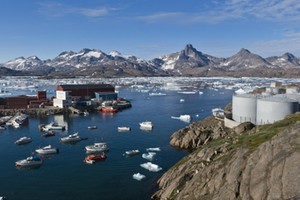 Harbour with oil tanks, Tasiilaq or Ammassalik, East Greenland, Greenland, North America