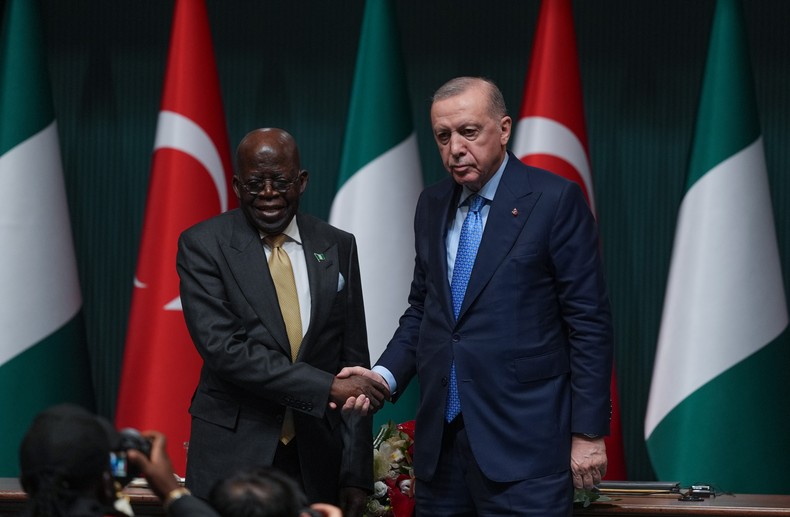 Turkish President Recep Tayyip Erdogan and Nigerian President Bola Ahmed Tinubu shake hands after a joint press conference in Ankara, Turkiye on January 27, 2026. [Photo by Ercin Erturk/Anadolu via Getty Images]