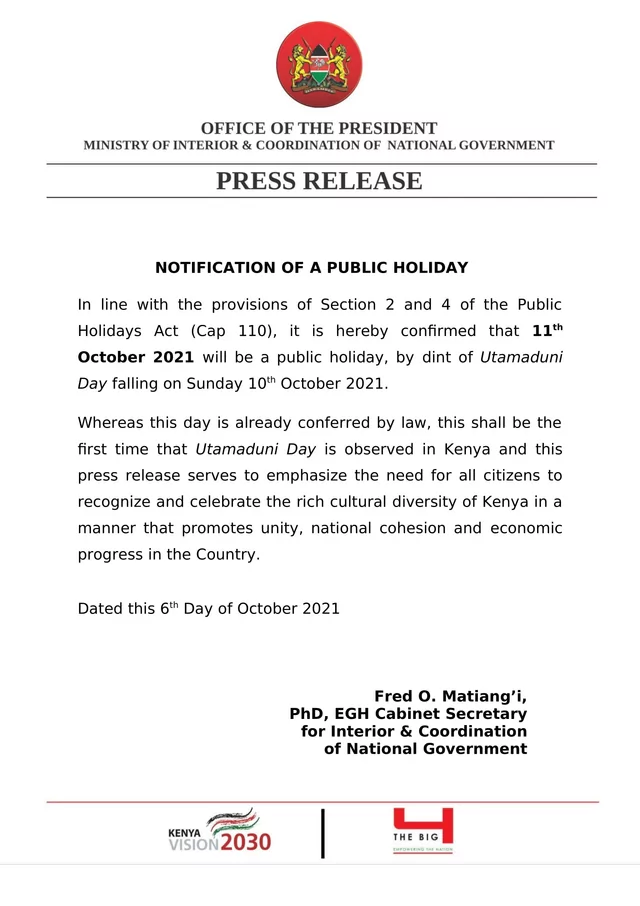 October 2021 public holidays